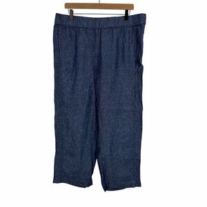 PURE J JILL Women's 100% Linen Blue Chambray Wide Leg Cropped Pants Large Beachy